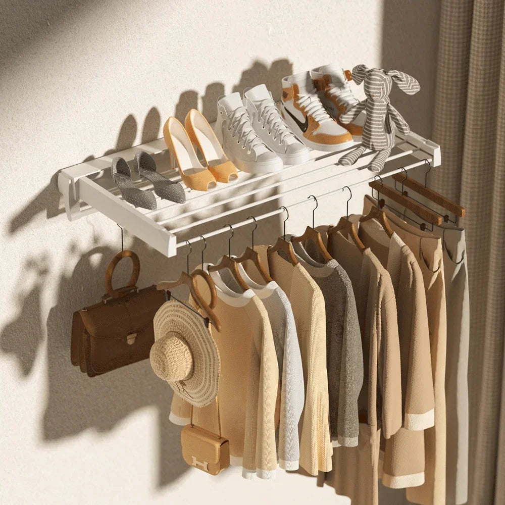 Wall Mounted Drying Rack Clothes Airer Space Saver Folding Dryer Bearing Capacity 12KG Foldable Rail With Hooks Indoor Outdoor Balcony Laundry White