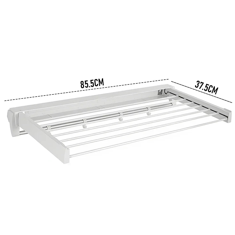 Wall Mounted Drying Rack Clothes Airer Space Saver Folding Dryer Bearing Capacity 12KG Foldable Rail With Hooks Indoor Outdoor Balcony Laundry White
