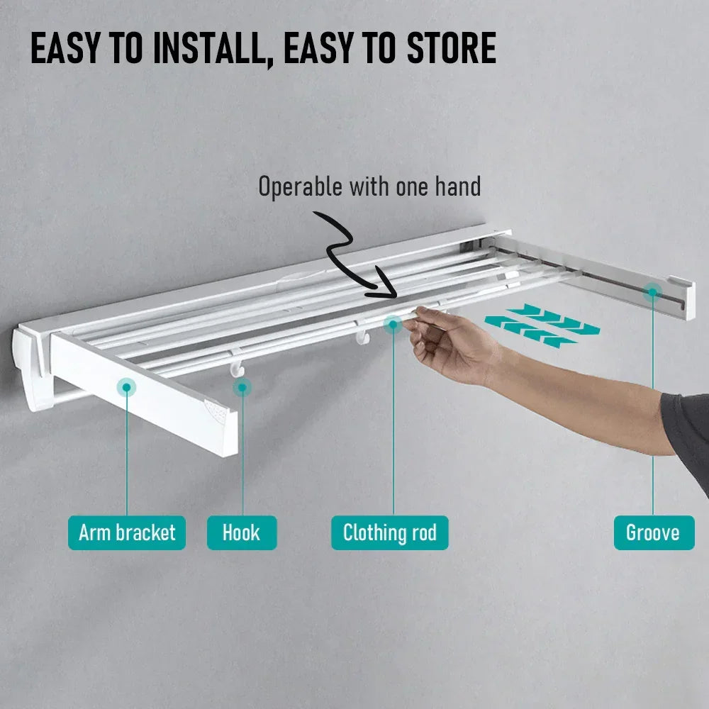 Wall Mounted Drying Rack Clothes Airer Space Saver Folding Dryer Bearing Capacity 12KG Foldable Rail With Hooks Indoor Outdoor Balcony Laundry White