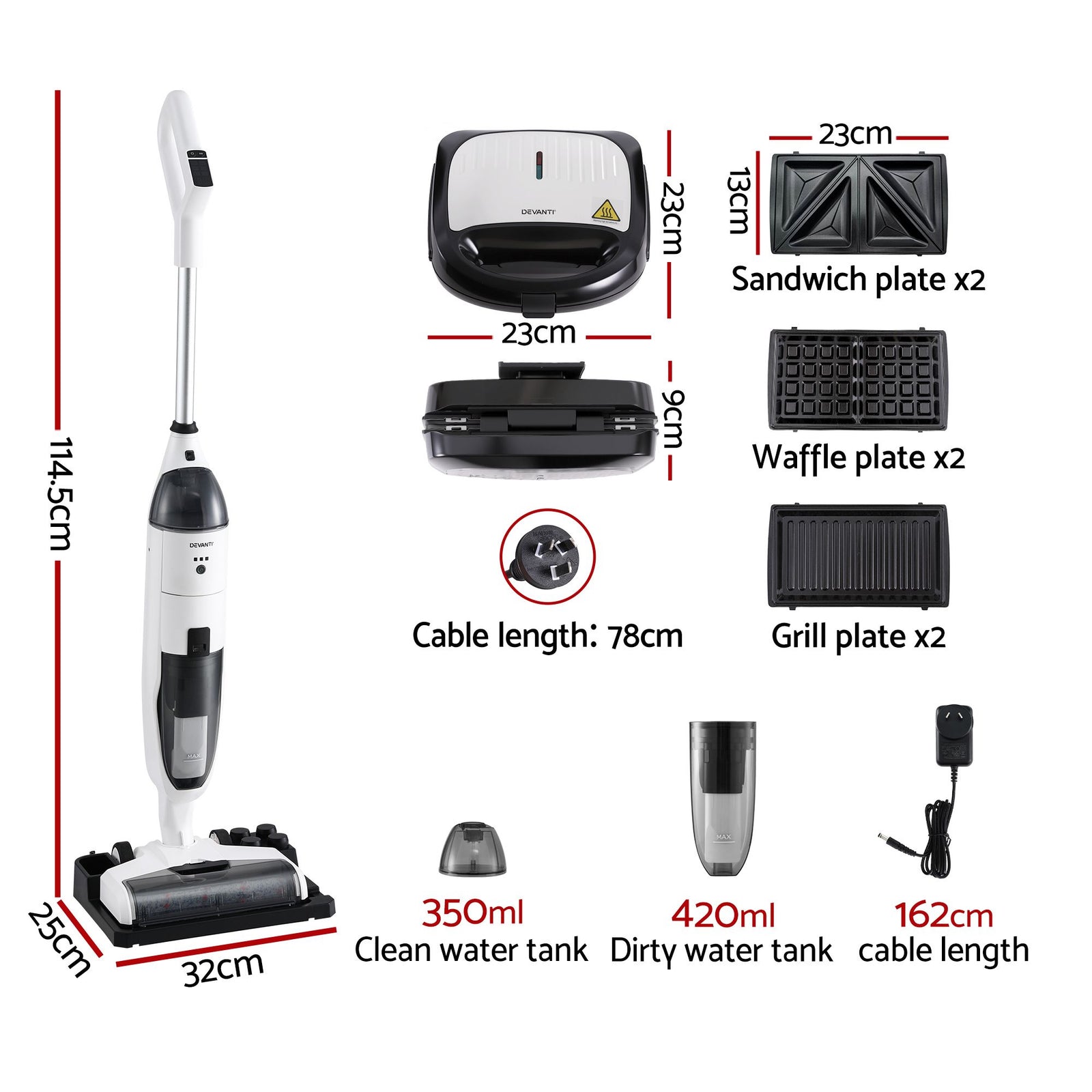 Devanti Cordless Wet Dry Vacuum Mop plus 3-in-1 Sandwich Waffle Maker