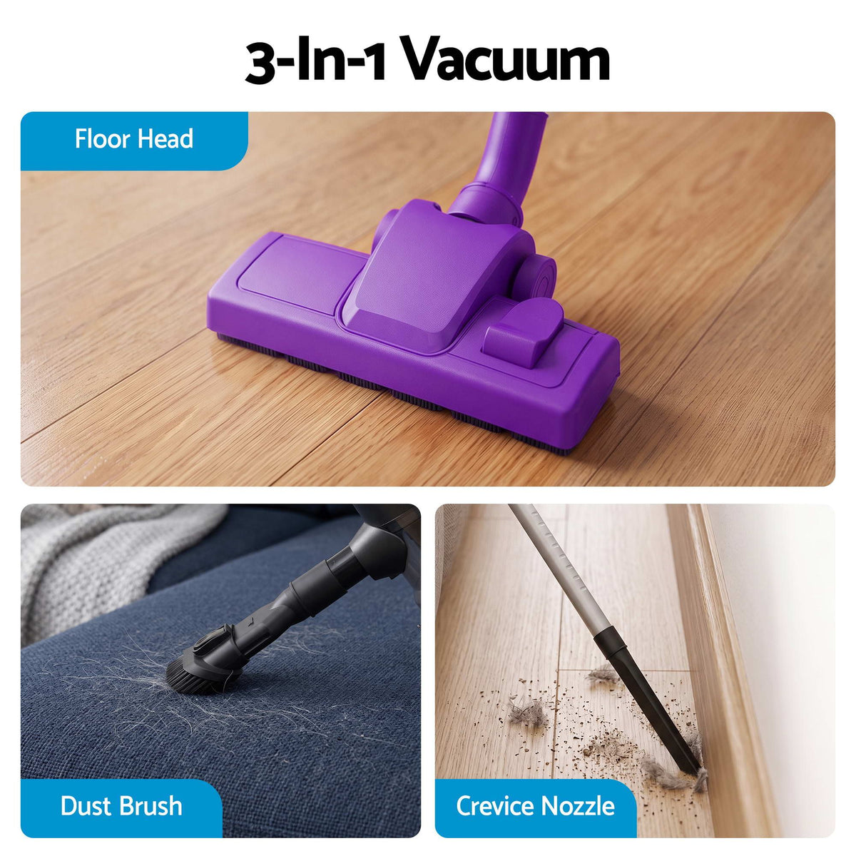 Devanti 3-in-1 Corded Stick Vacuum Cleaner 16000Pa Suction HEPA Filter Purple