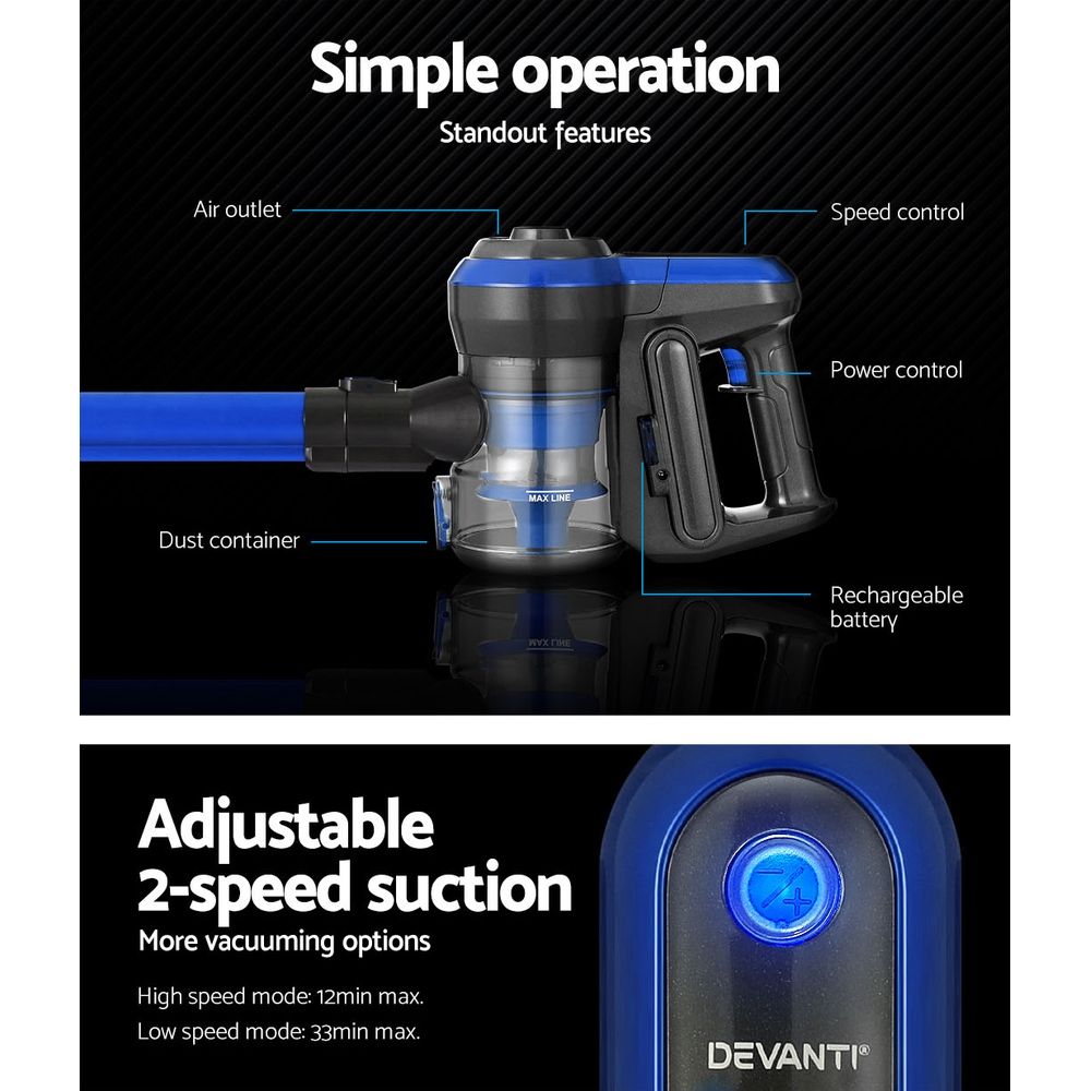 Devanti Cordless Handheld Vacuum Cleaner 250W 20000Pa Brushless HEPA Blue