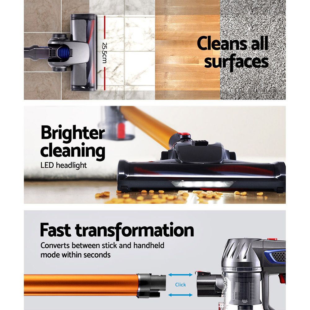 Cordless Handstick Vacuum Cleaner 150W 10000Pa HEPA Gold Grey