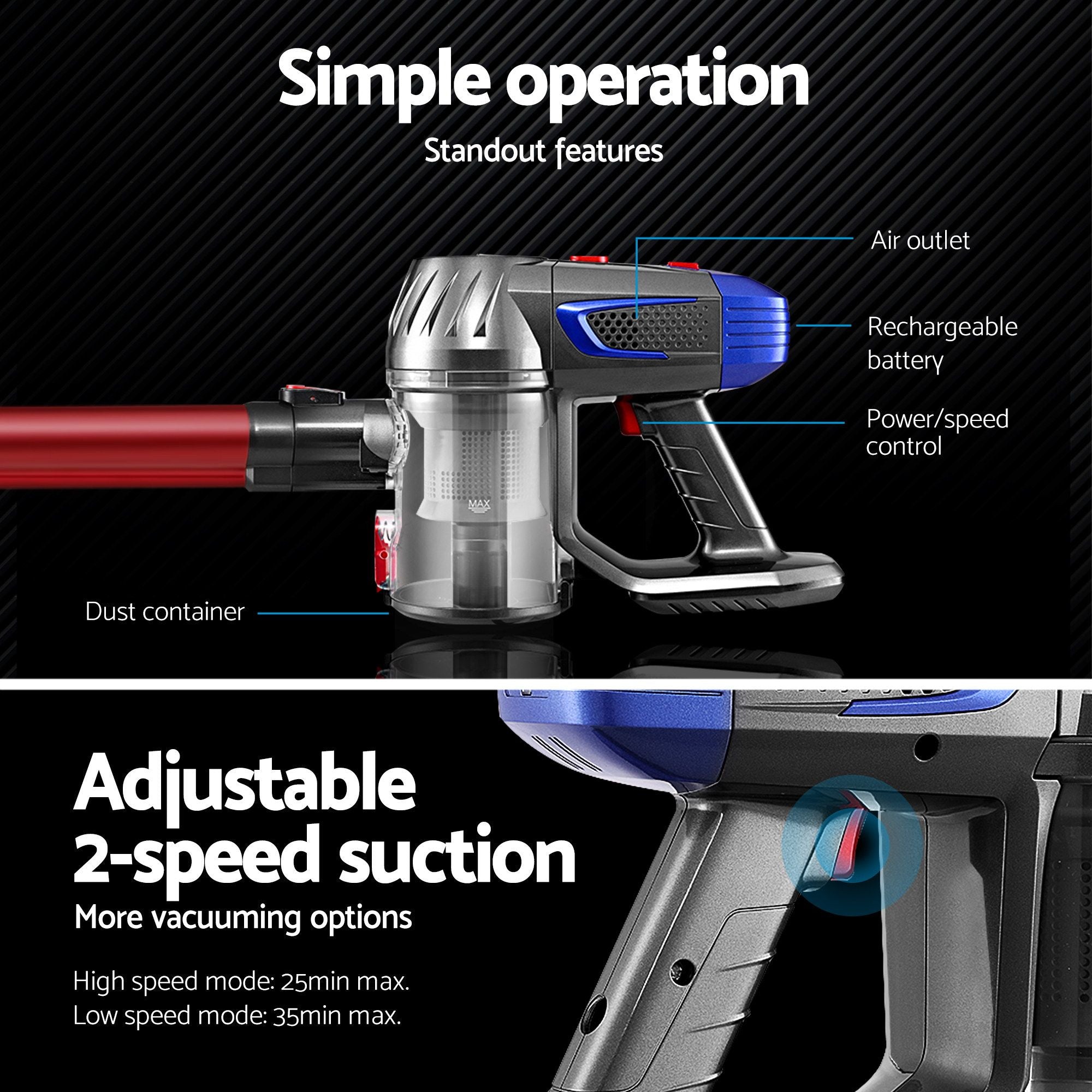 Cordless Handstick Vacuum Cleaner 10000Pa HEPA Lightweight Red