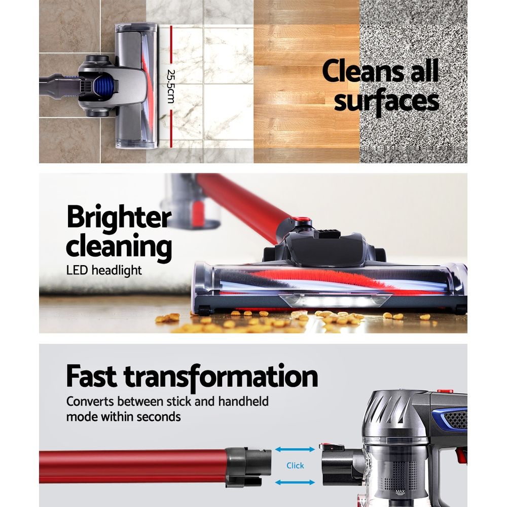 Cordless Handstick Vacuum Cleaner 10000Pa HEPA Lightweight Red
