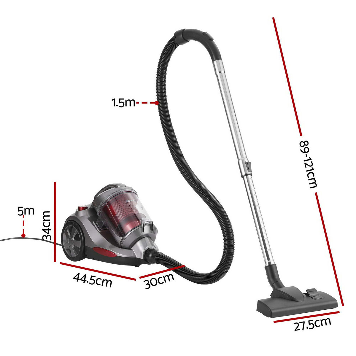 2000W Bagless Canister Vacuum Cleaner 25kPa Suction 4L Dual HEPA Filter Red