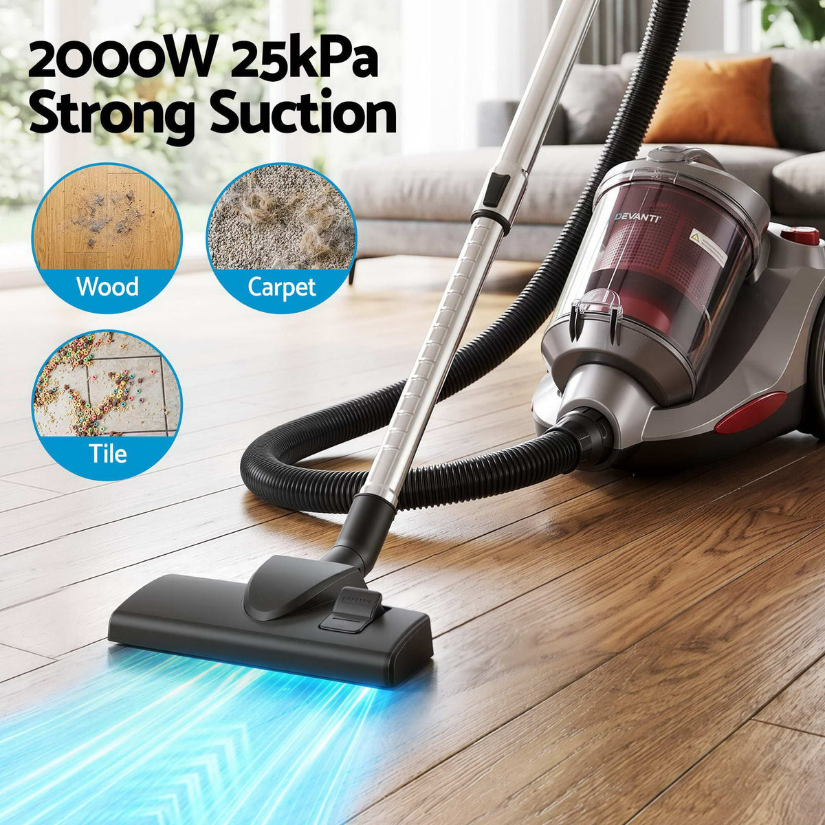 2000W Bagless Canister Vacuum Cleaner 25kPa Suction 4L Dual HEPA Filter Red