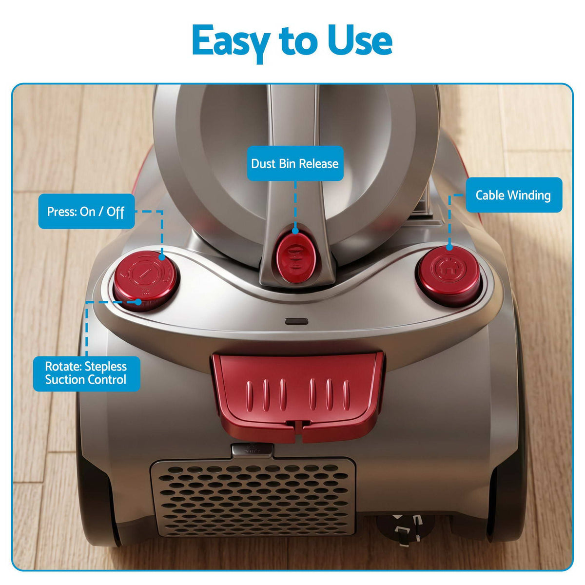 2000W Bagless Canister Vacuum Cleaner 25kPa Suction 4L Dual HEPA Filter Red