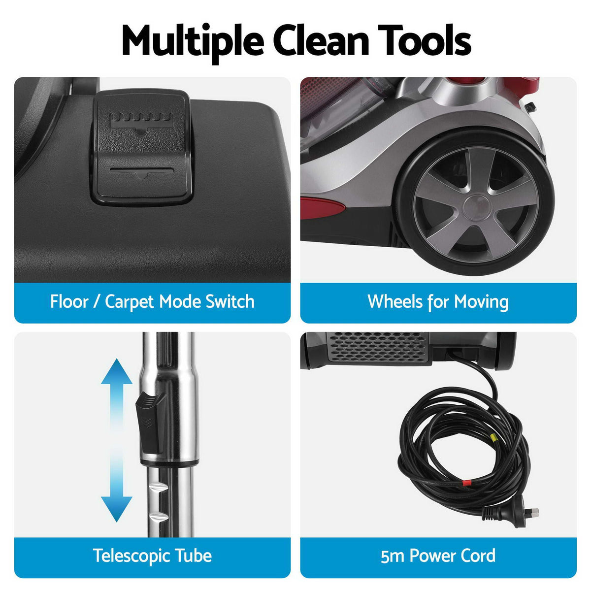 2000W Bagless Canister Vacuum Cleaner 25kPa Suction 4L Dual HEPA Filter Red