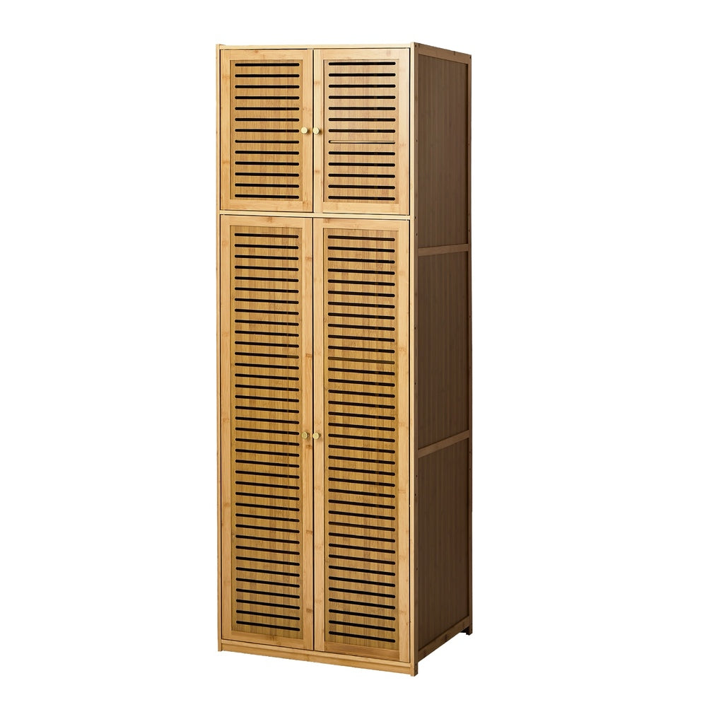 Bamboo Wardrobe 4 Doors Storage Cabinet Hanging Rod Natural