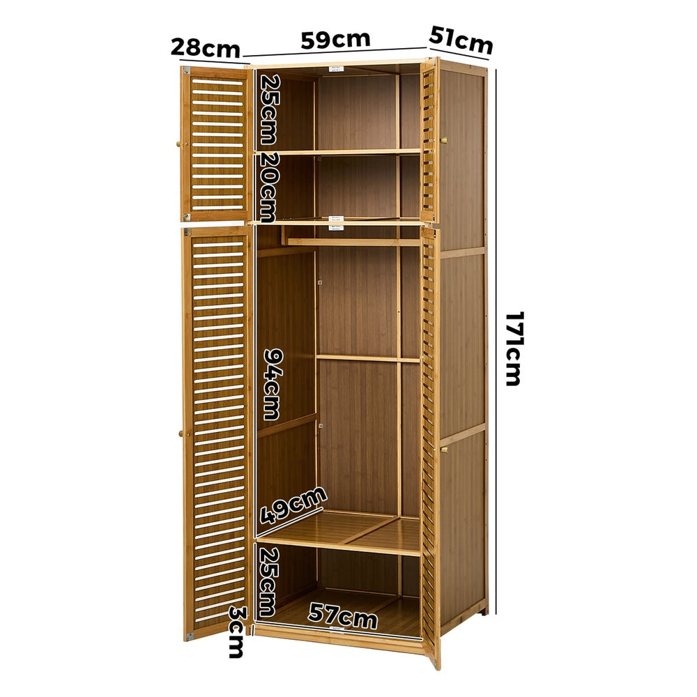 Bamboo Wardrobe 4 Doors Storage Cabinet Hanging Rod Natural