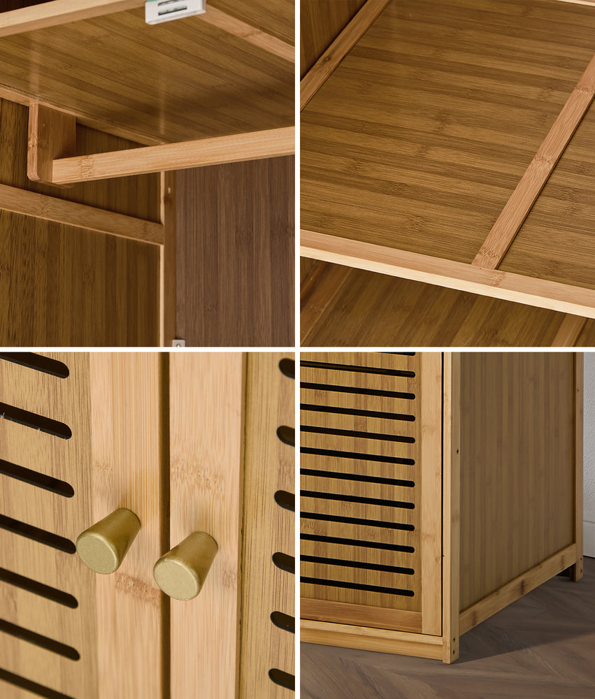 Bamboo Wardrobe 4 Doors Storage Cabinet Hanging Rod Natural