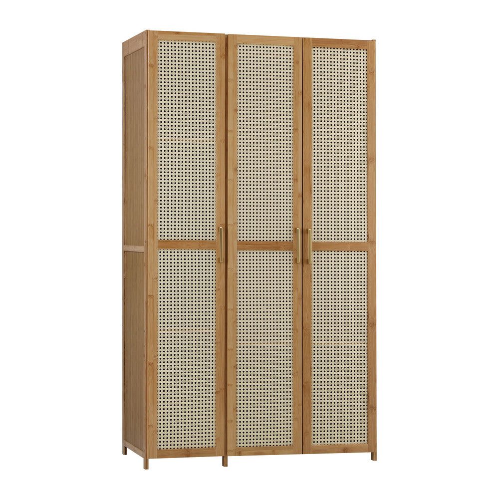 Bamboo Wardrobe – 3‑Door, Hanging Rail, 4 Shelves, Natural