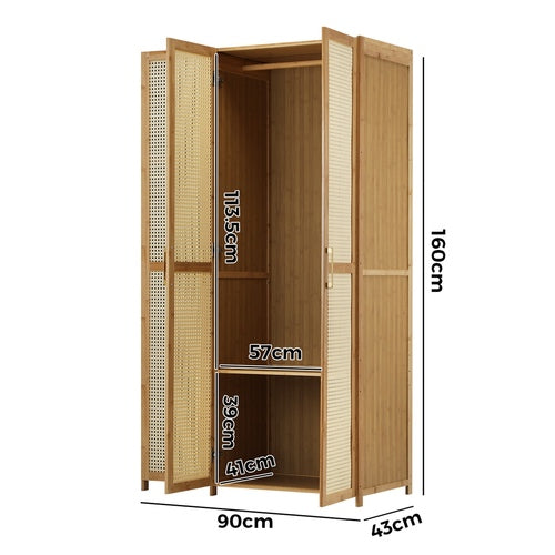 Oikiture Bamboo Wardrobe – 3‑Door, Hanging Rail, 4 Shelves, Natural