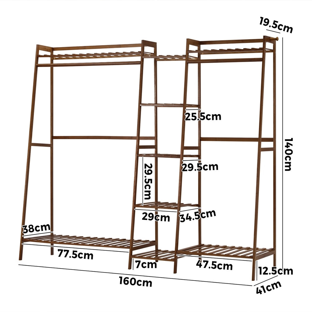 Clothes Rack Open Wardrobe Hanging Rail Bamboo 9 Shelves