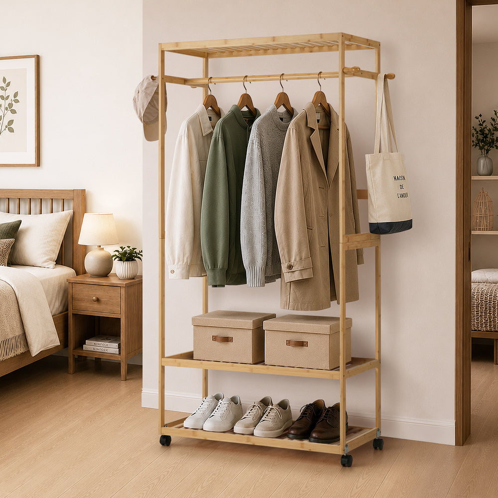 Bamboo Clothes Rack – Open Wardrobe with Shelves & Wheels 84×167cm