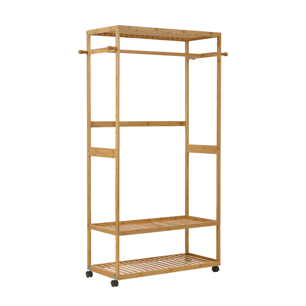 Bamboo Clothes Rack – Open Wardrobe with Shelves & Wheels 84×167cm