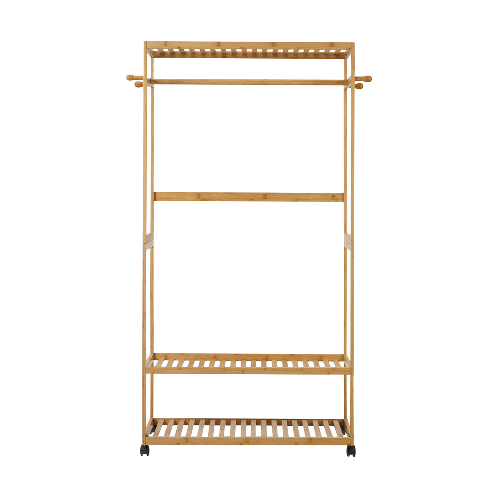 Bamboo Clothes Rack – Open Wardrobe with Shelves & Wheels 84×167cm