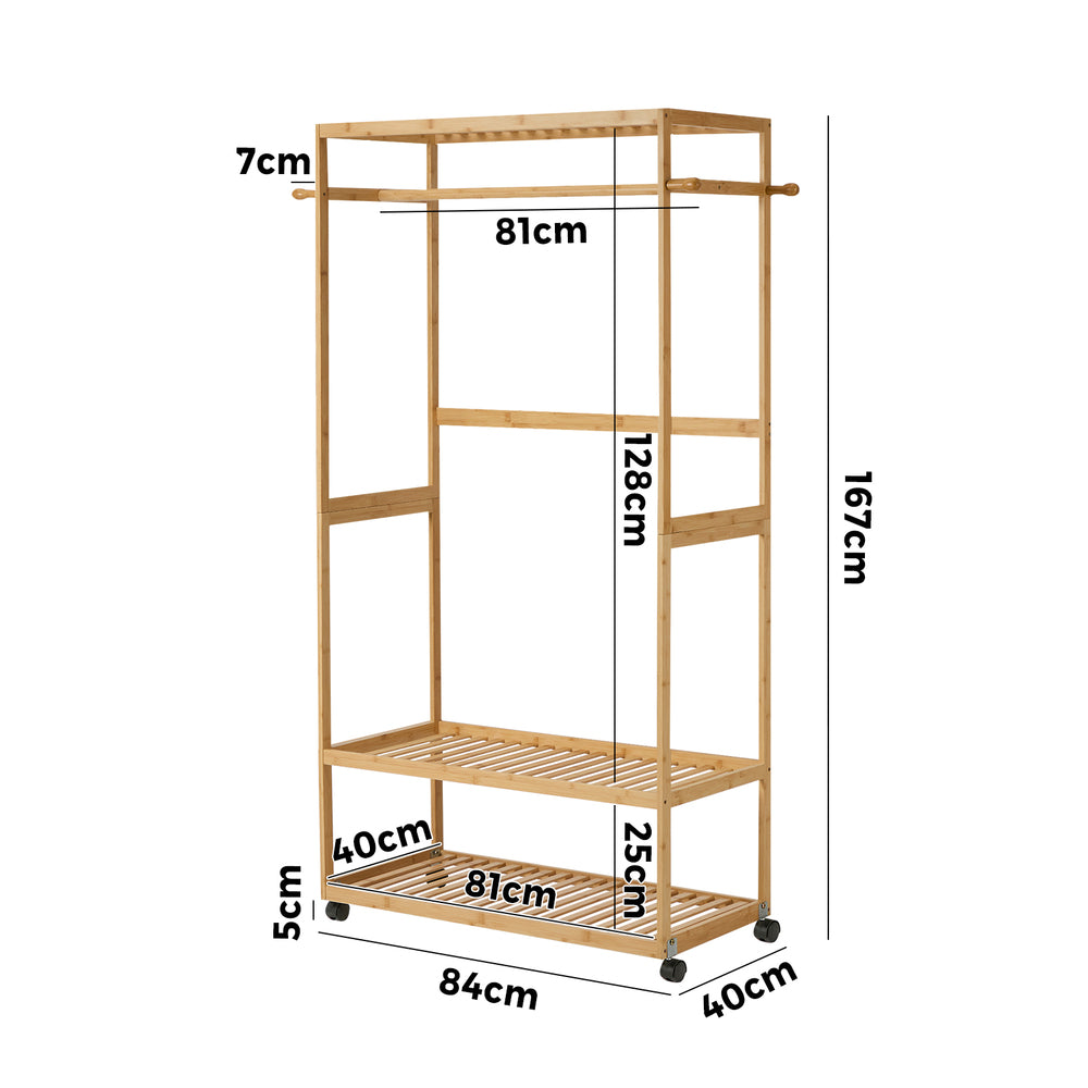 Bamboo Clothes Rack – Open Wardrobe with Shelves & Wheels 84×167cm