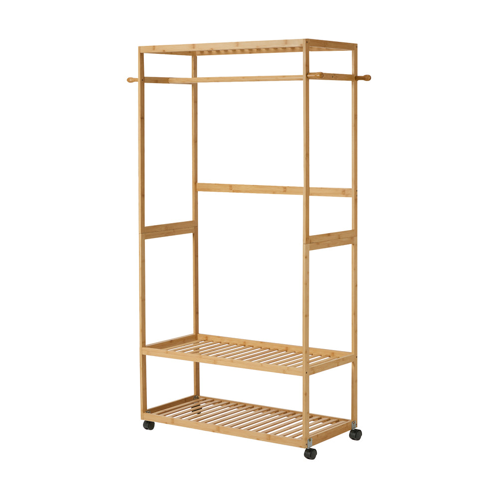 Bamboo Clothes Rack – Open Wardrobe with Shelves & Wheels 84×167cm