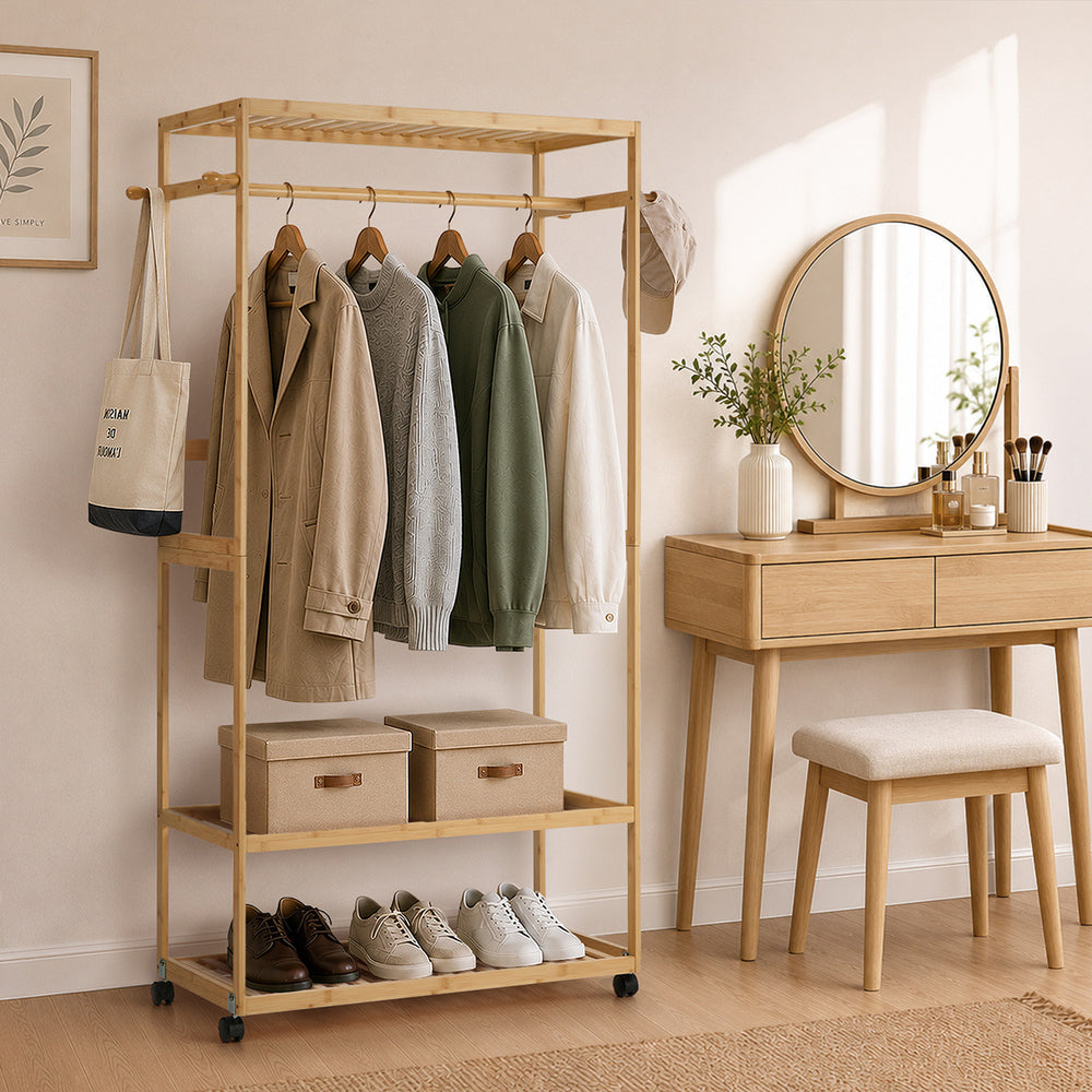 Bamboo Clothes Rack – Open Wardrobe with Shelves & Wheels 84×167cm