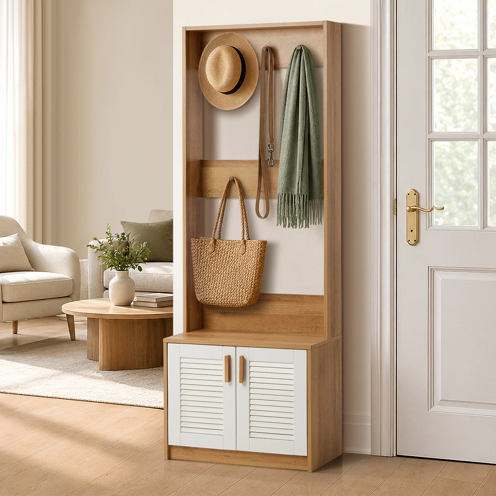 Hall Tree Coat Rack with Bench – Entryway Storage Wardrobe Shelf Natural