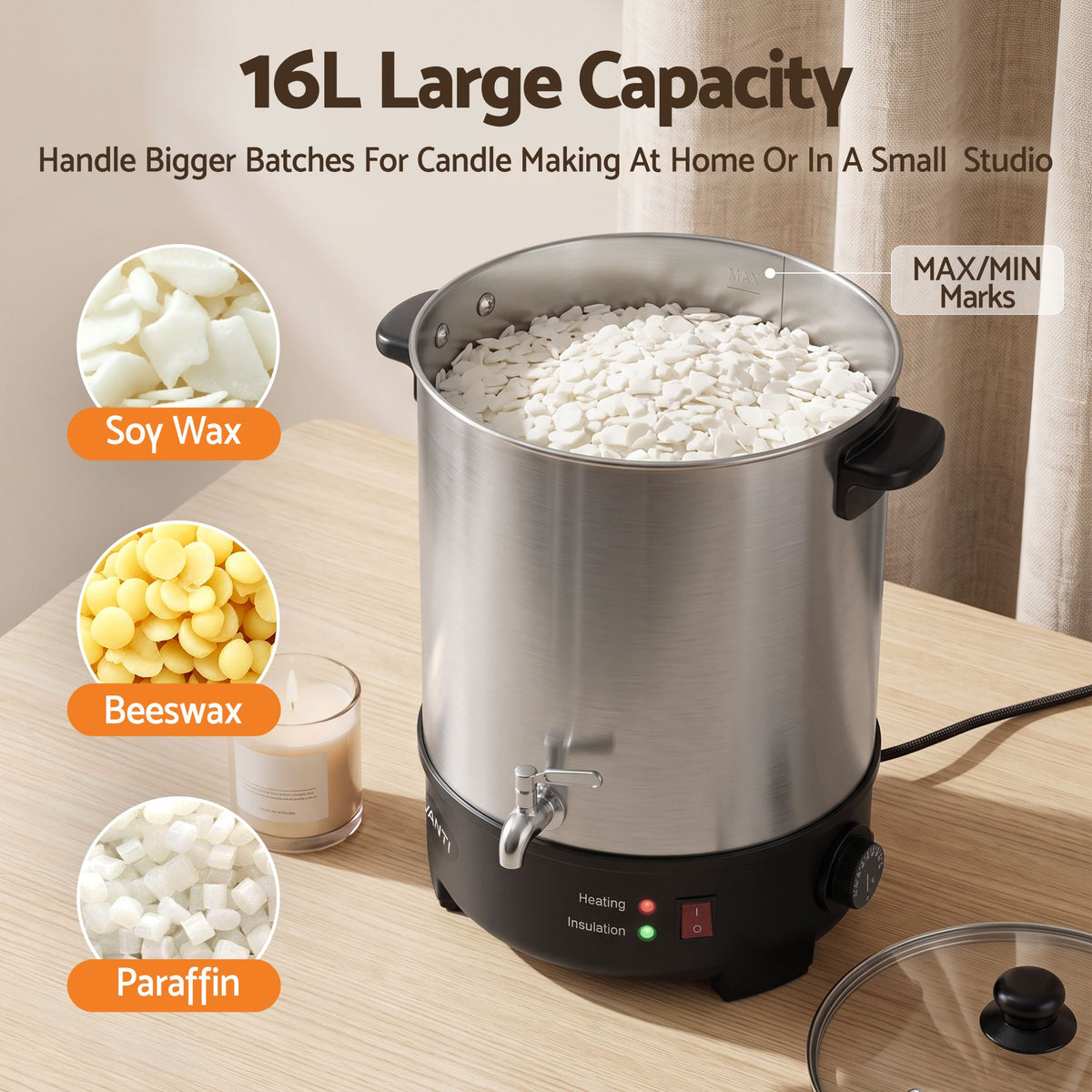 16L Wax Melter Candle Making 1500W Melting Pot Furnace Quick Pour Spout Soy Soap
