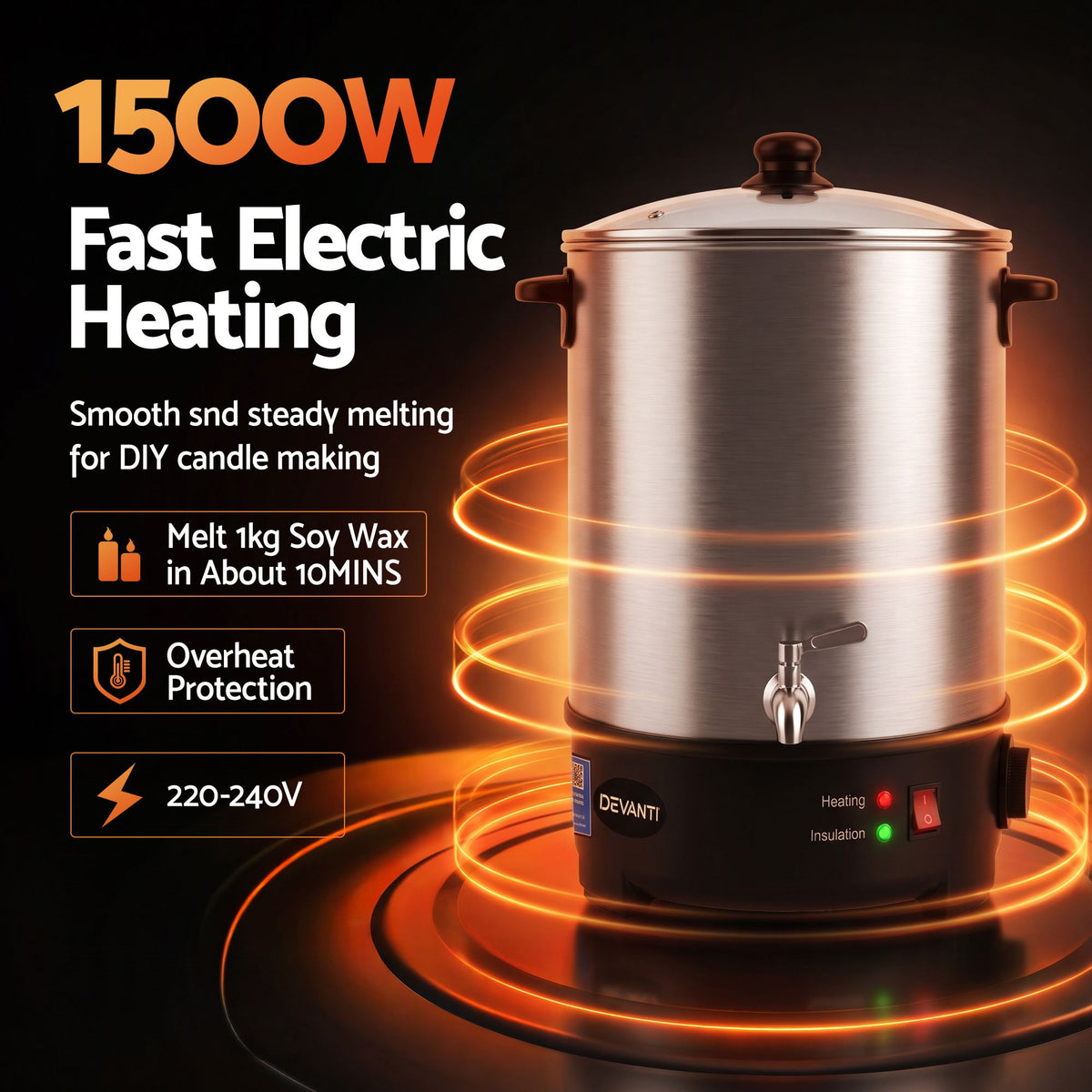 16L Wax Melter Candle Making 1500W Melting Pot Furnace Quick Pour Spout Soy Soap