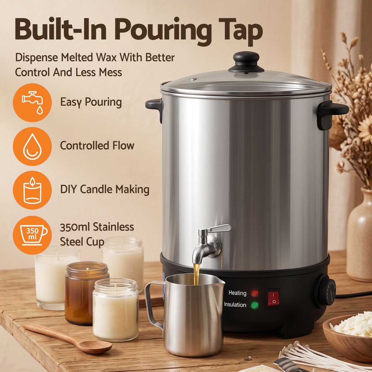 16L Wax Melter Candle Making 1500W Melting Pot Furnace Quick Pour Spout Soy Soap