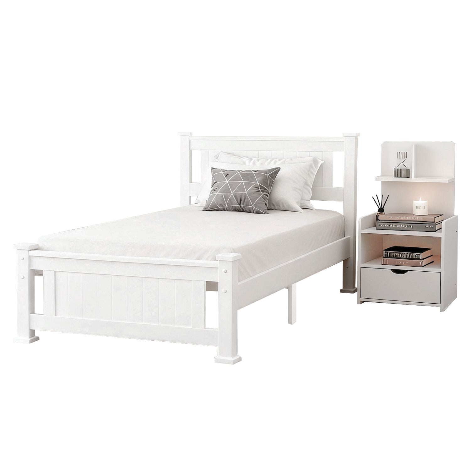 King Single Bed Frame and Bedside Table White