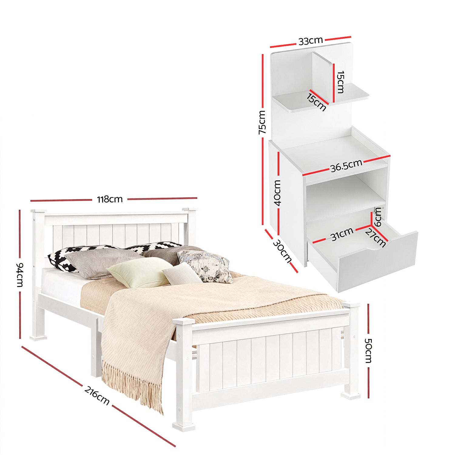 King Single Bed Frame and Bedside Table White