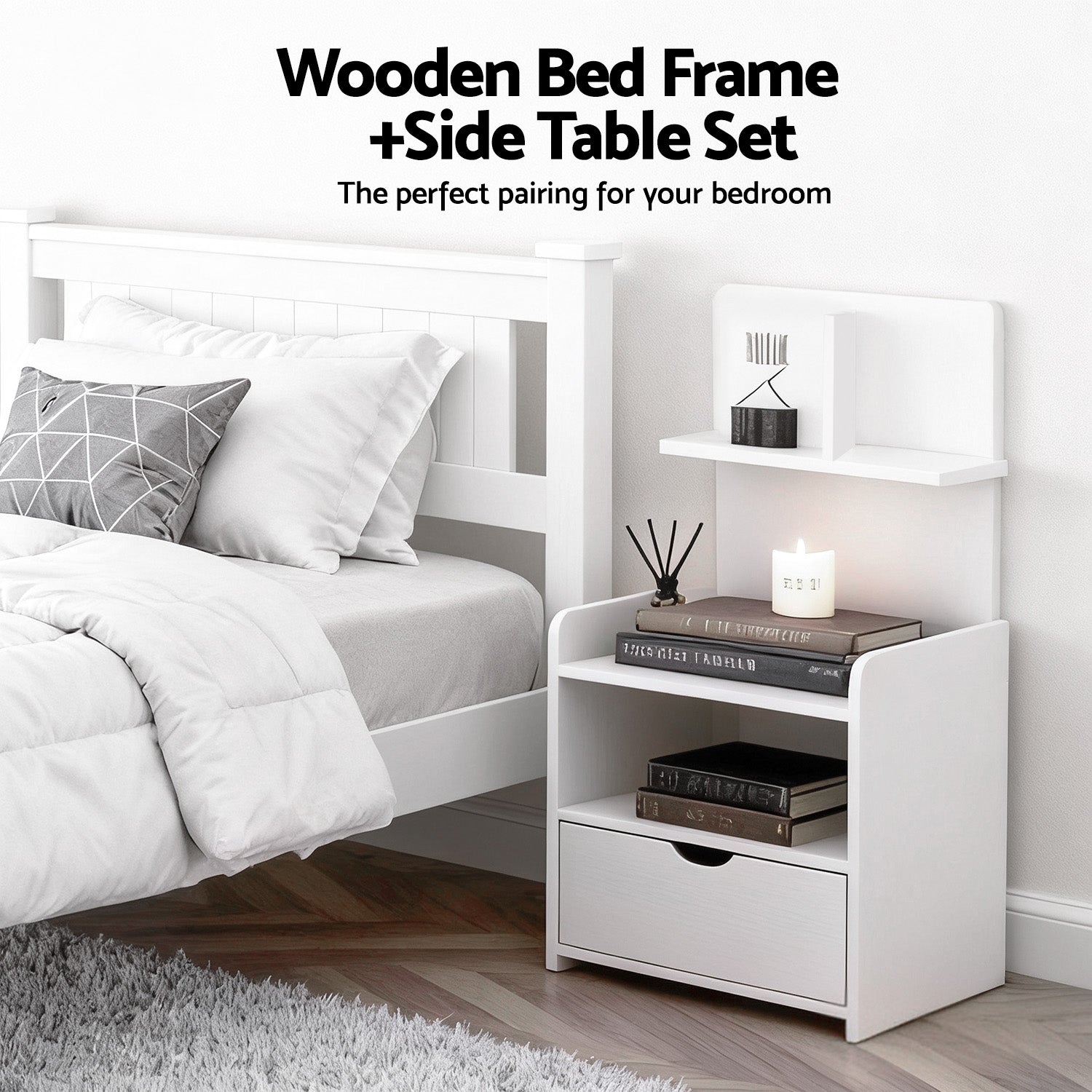 King Single Bed Frame and Bedside Table White