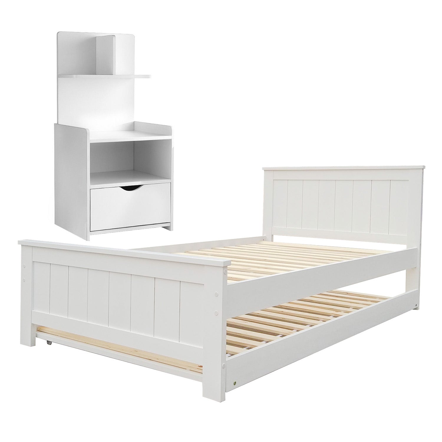 King Single Bed Frame and Bedside Table White