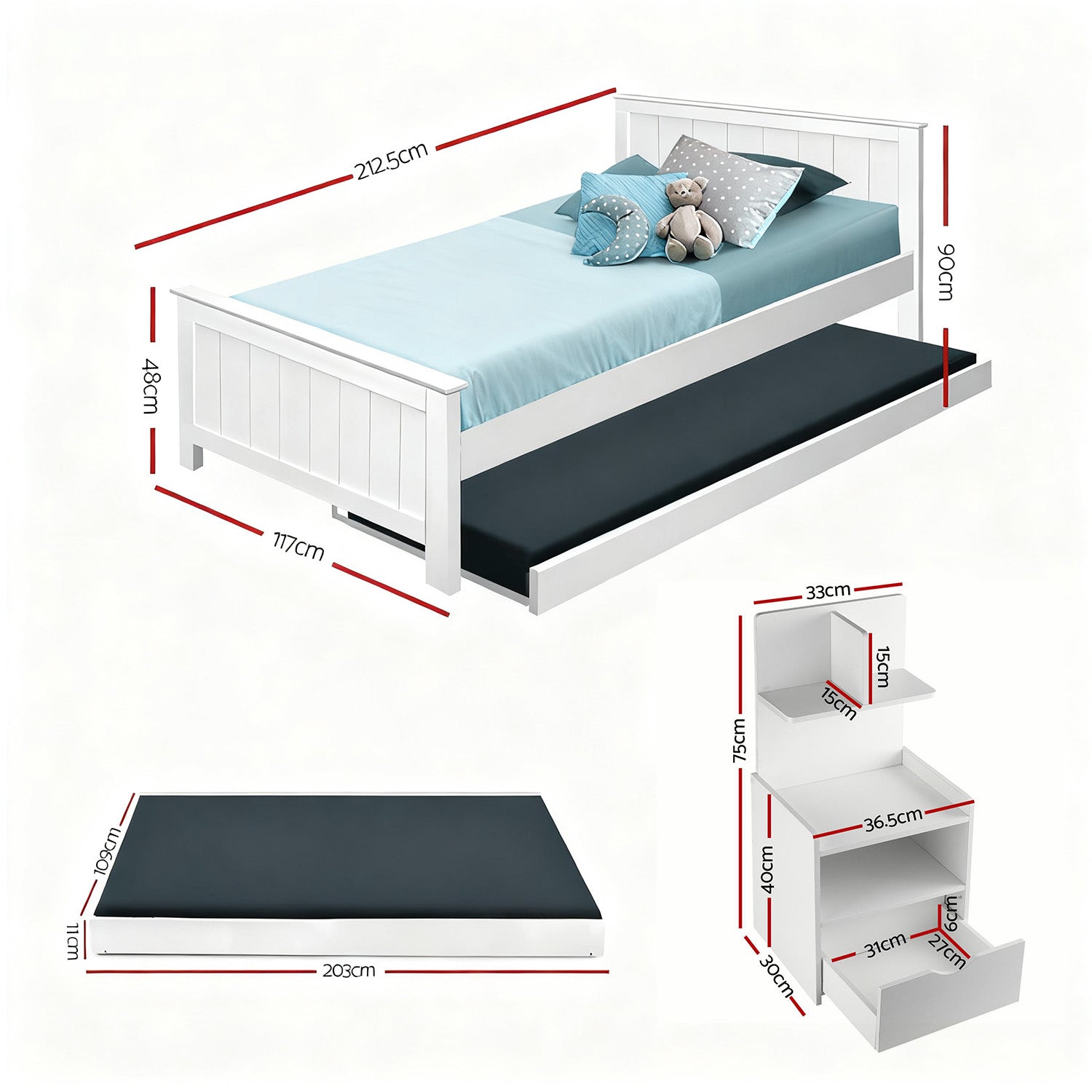 King Single Bed Frame and Bedside Table White