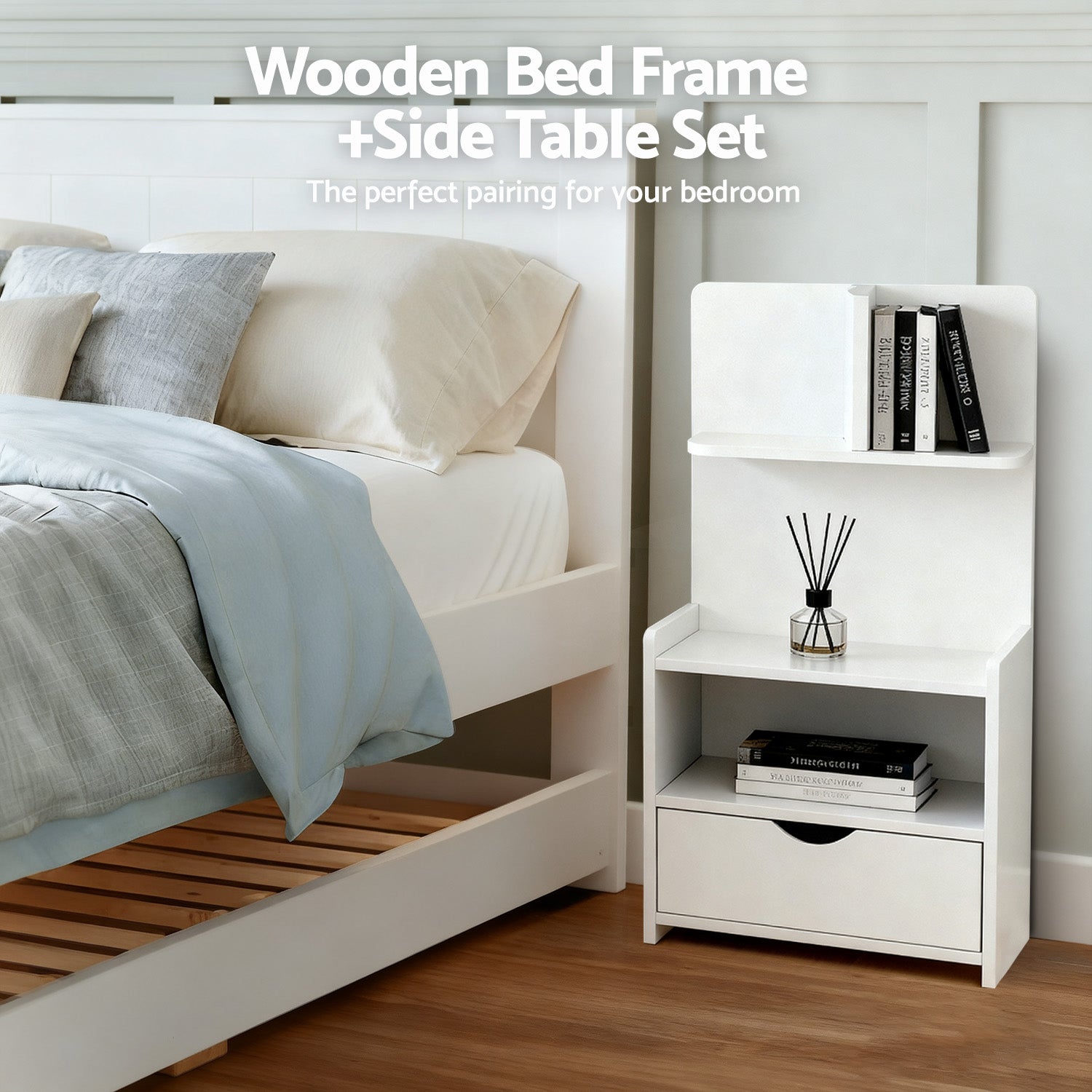King Single Bed Frame and Bedside Table White