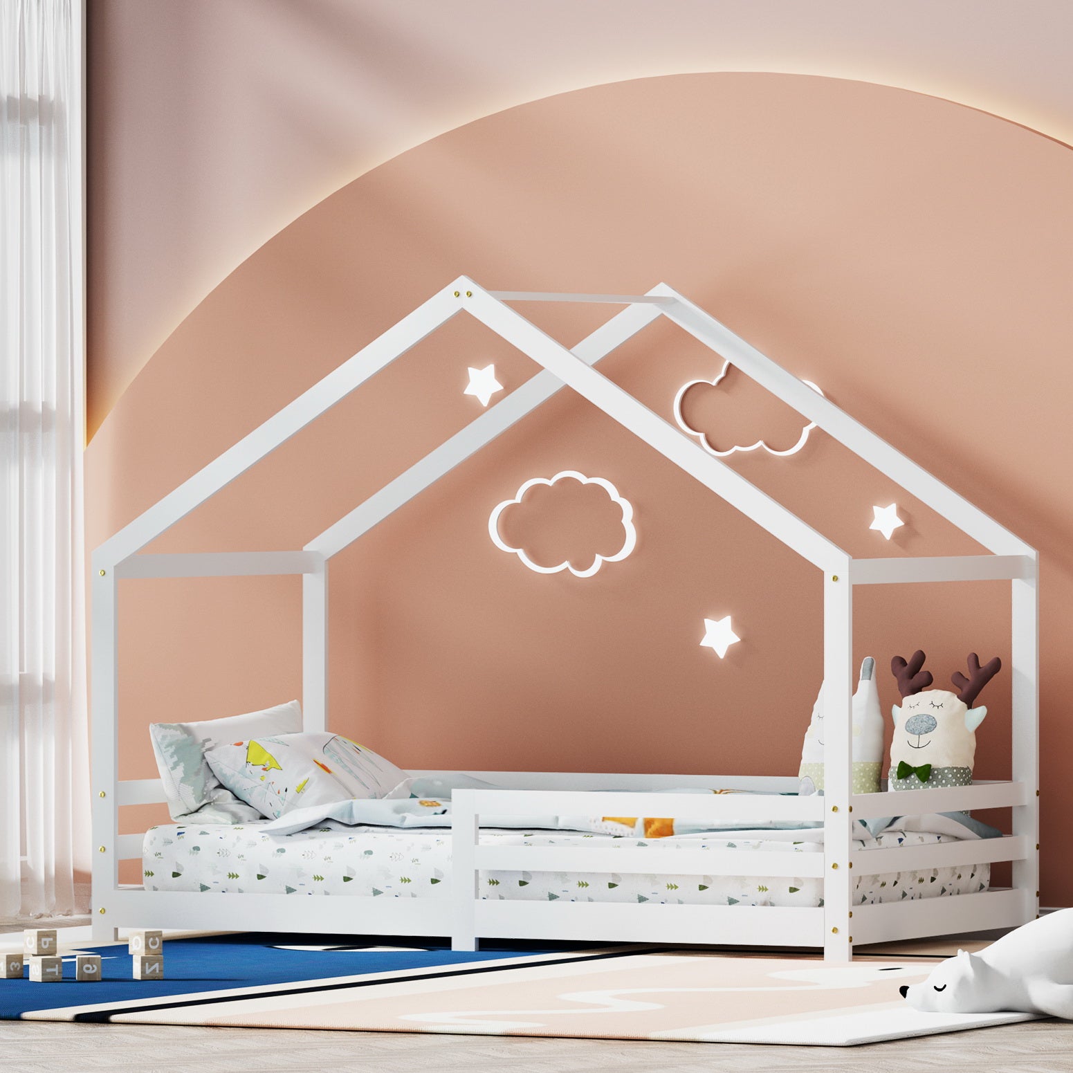 Kids House Bed Frame Single Pine Wood White Montessori Style AMOS
