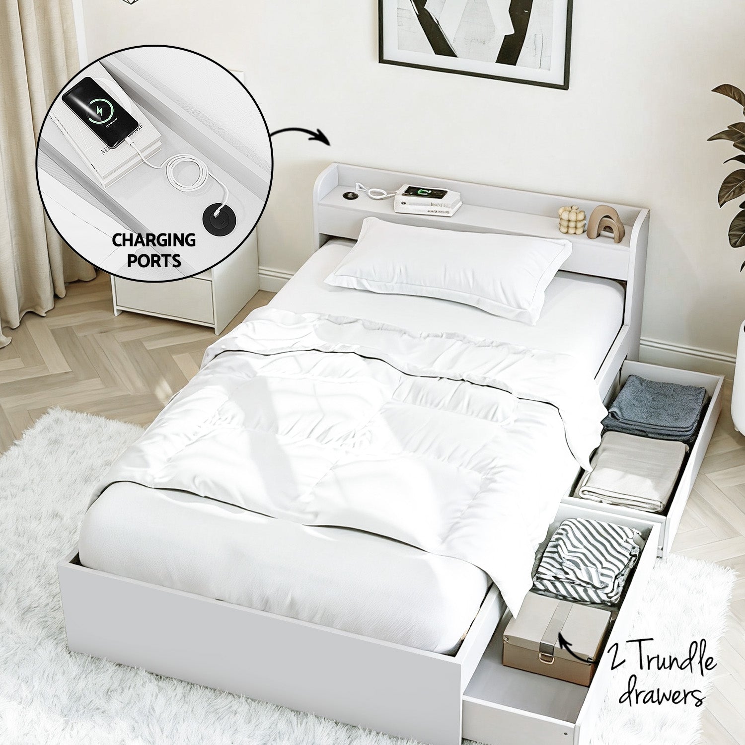 Single Bed Frame with Charging Ports and Bedside Table