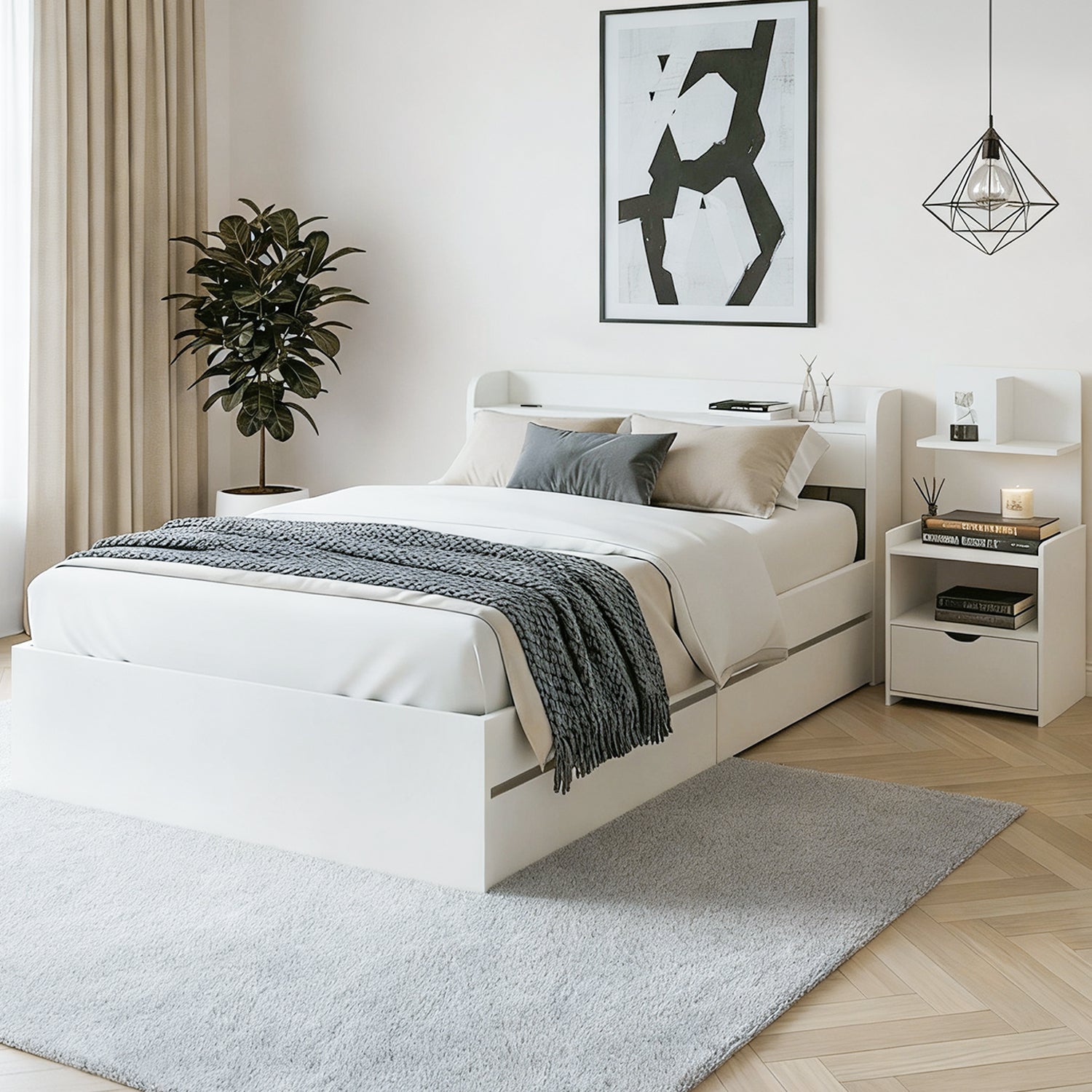 Single Bed Frame with Charging Ports and Bedside Table