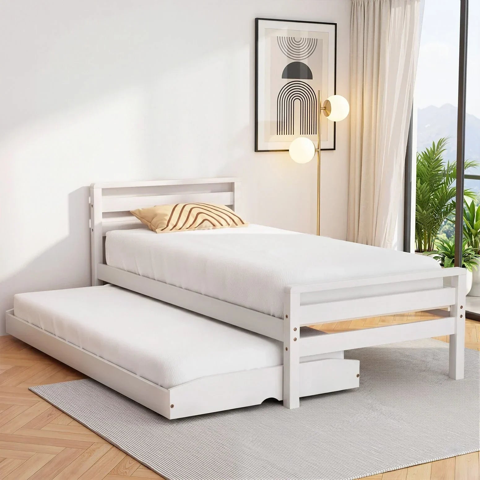 Bed Frame Single Size 2-in-1 Trundle Wooden White AVIS