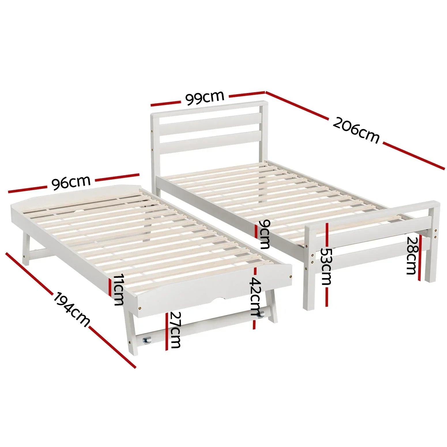 Bed Frame Single Size 2-in-1 Trundle Wooden White AVIS