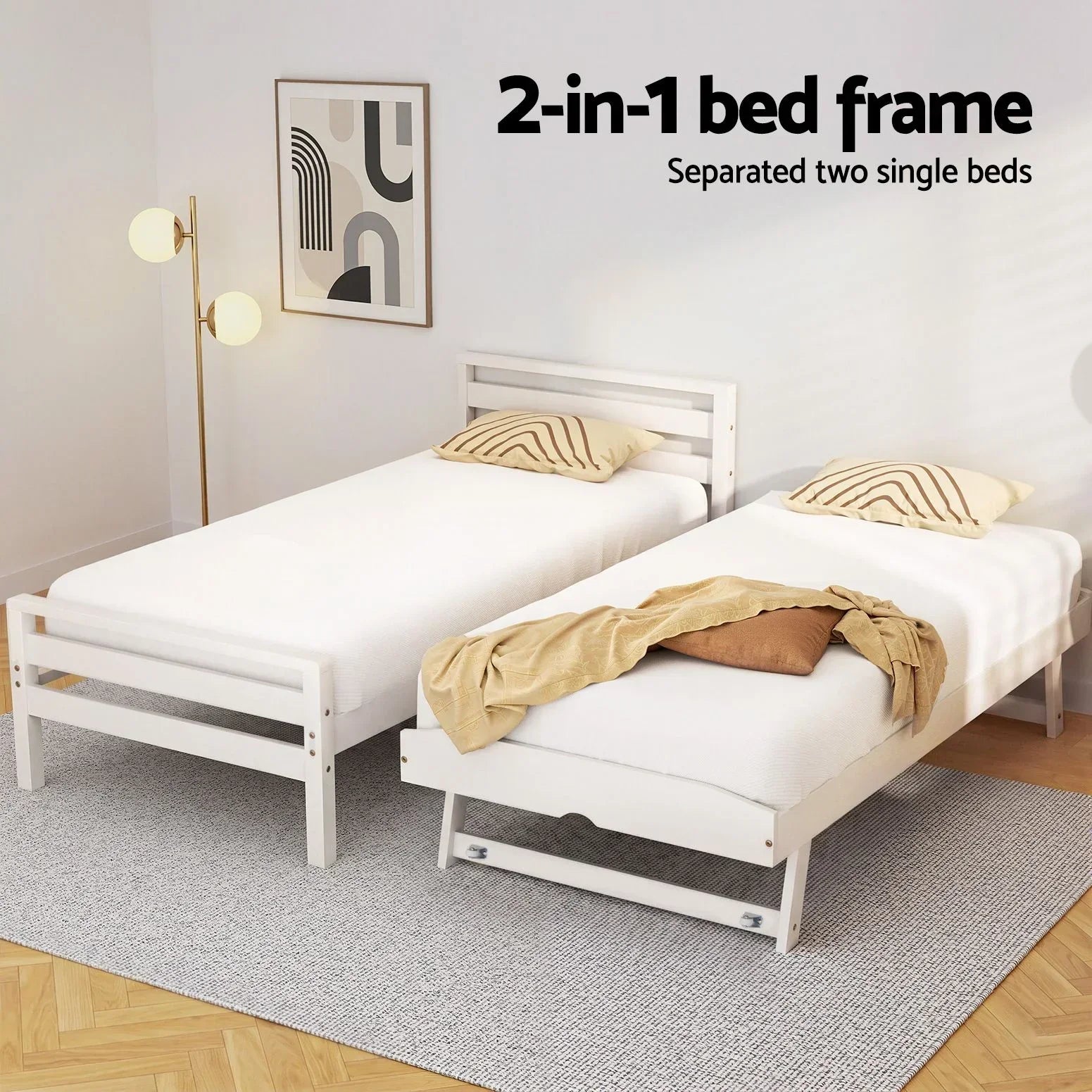 Bed Frame Single Size 2-in-1 Trundle Wooden White AVIS
