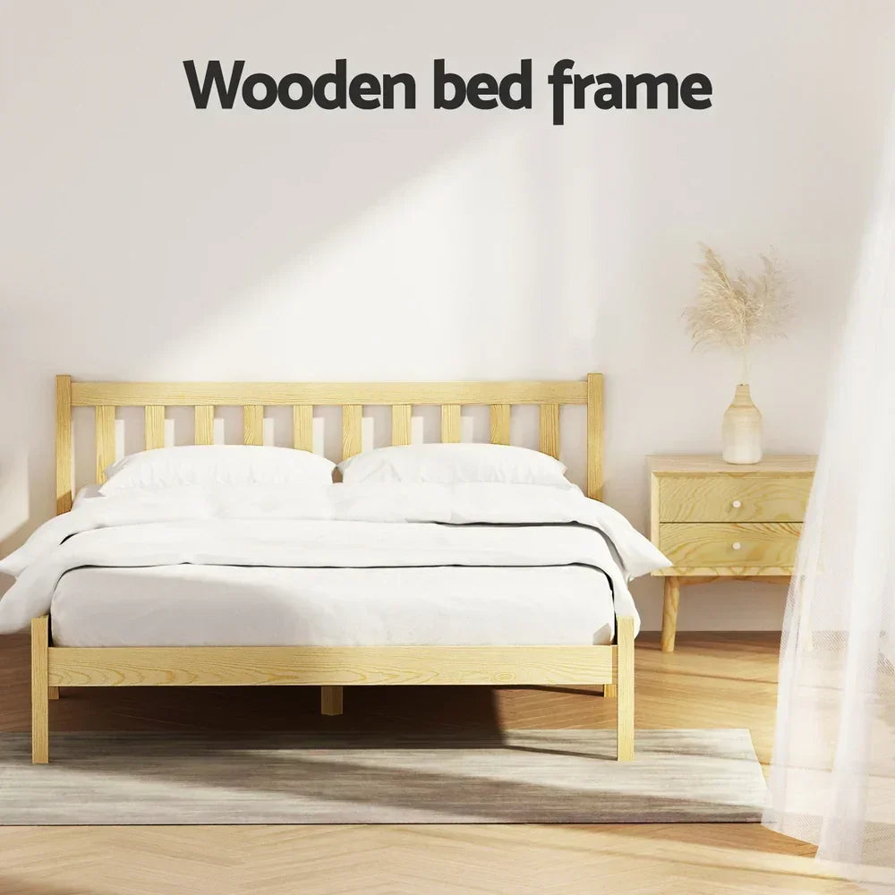 Artiss Double Wooden Bed Frame Oak Solid Pine Timber Platform Bed with Headboard