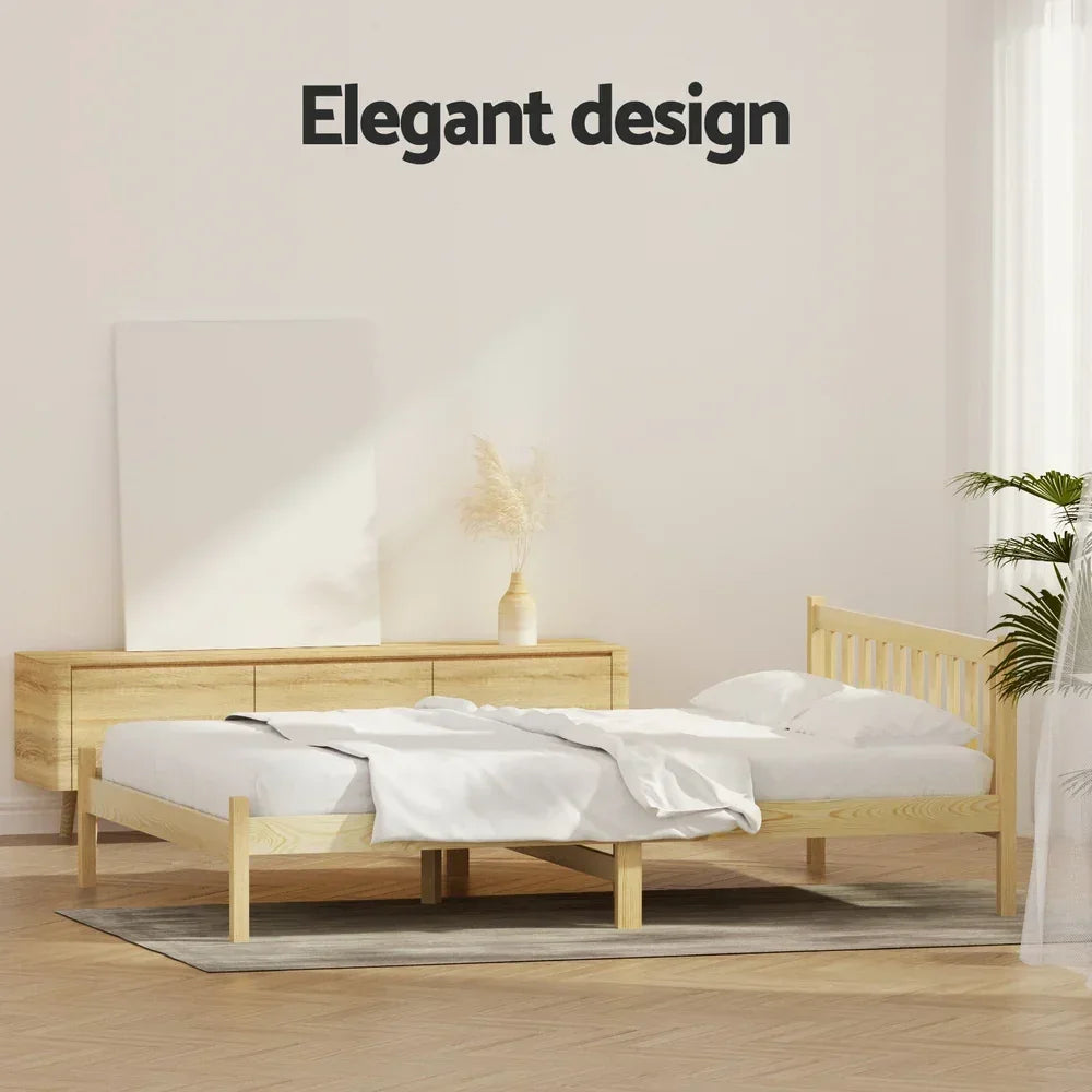 Artiss Double Wooden Bed Frame Oak Solid Pine Timber Platform Bed with Headboard