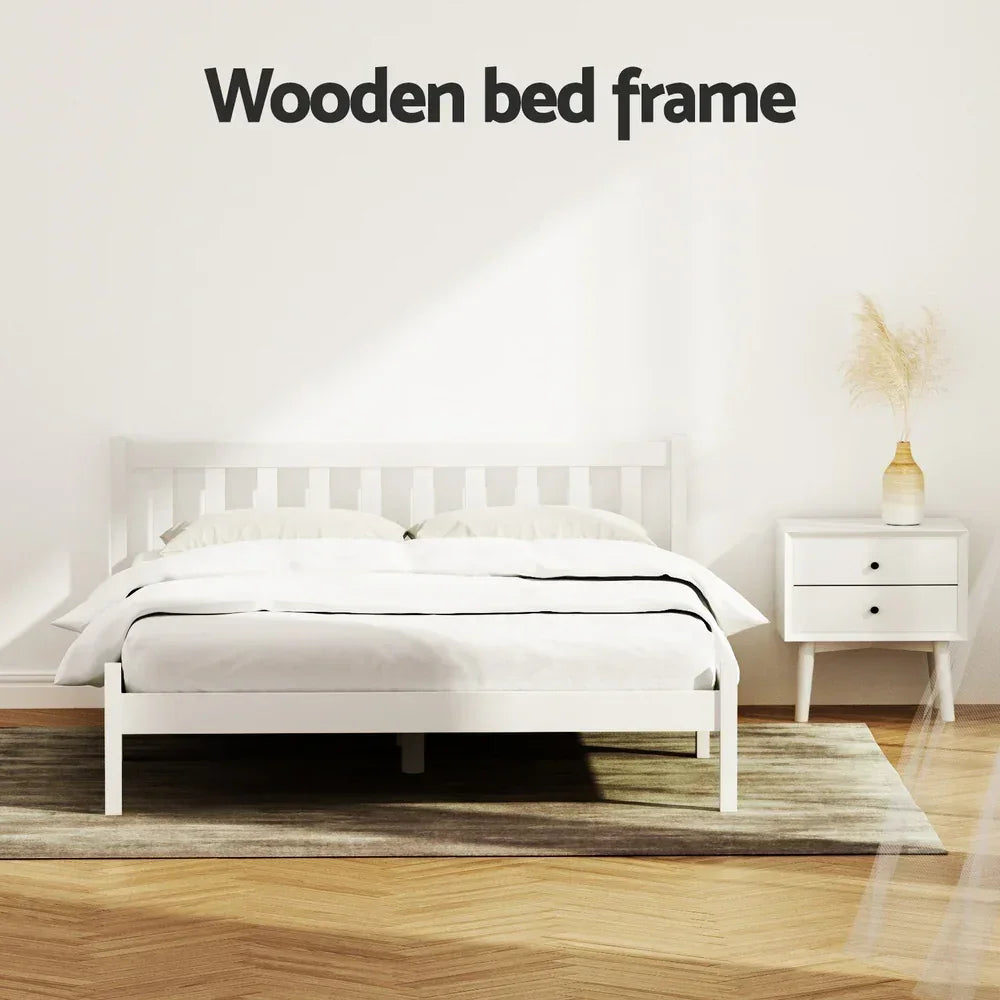 Artiss Double Pine Wood Bed Frame White Solid Timber Slatted Base