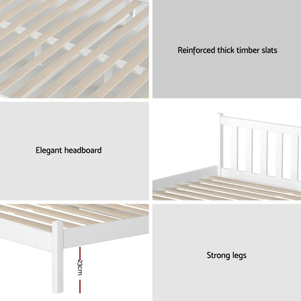 Artiss Double Pine Wood Bed Frame White Solid Timber Slatted Base