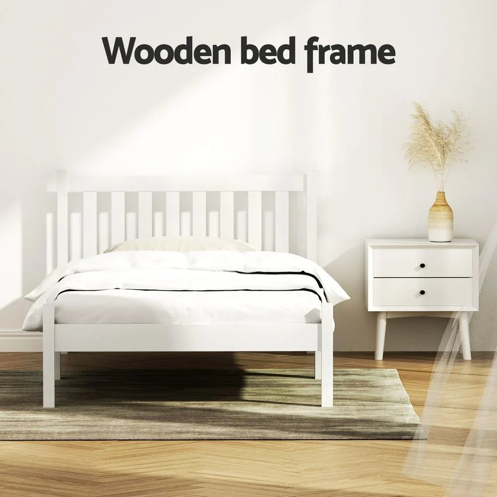 Artiss King Single Bed Frame Solid Pine Wood White Slatted Base with Headboard