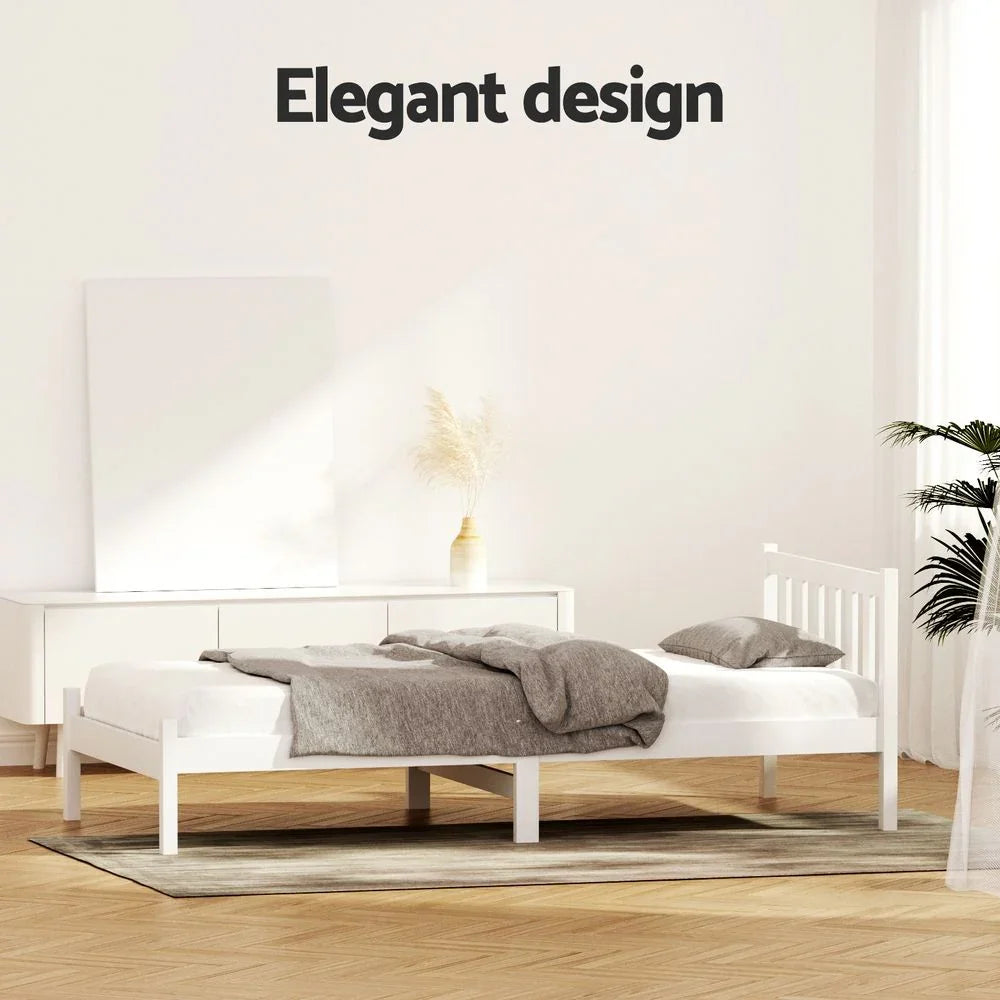 Artiss King Single Bed Frame Solid Pine Wood White Slatted Base with Headboard