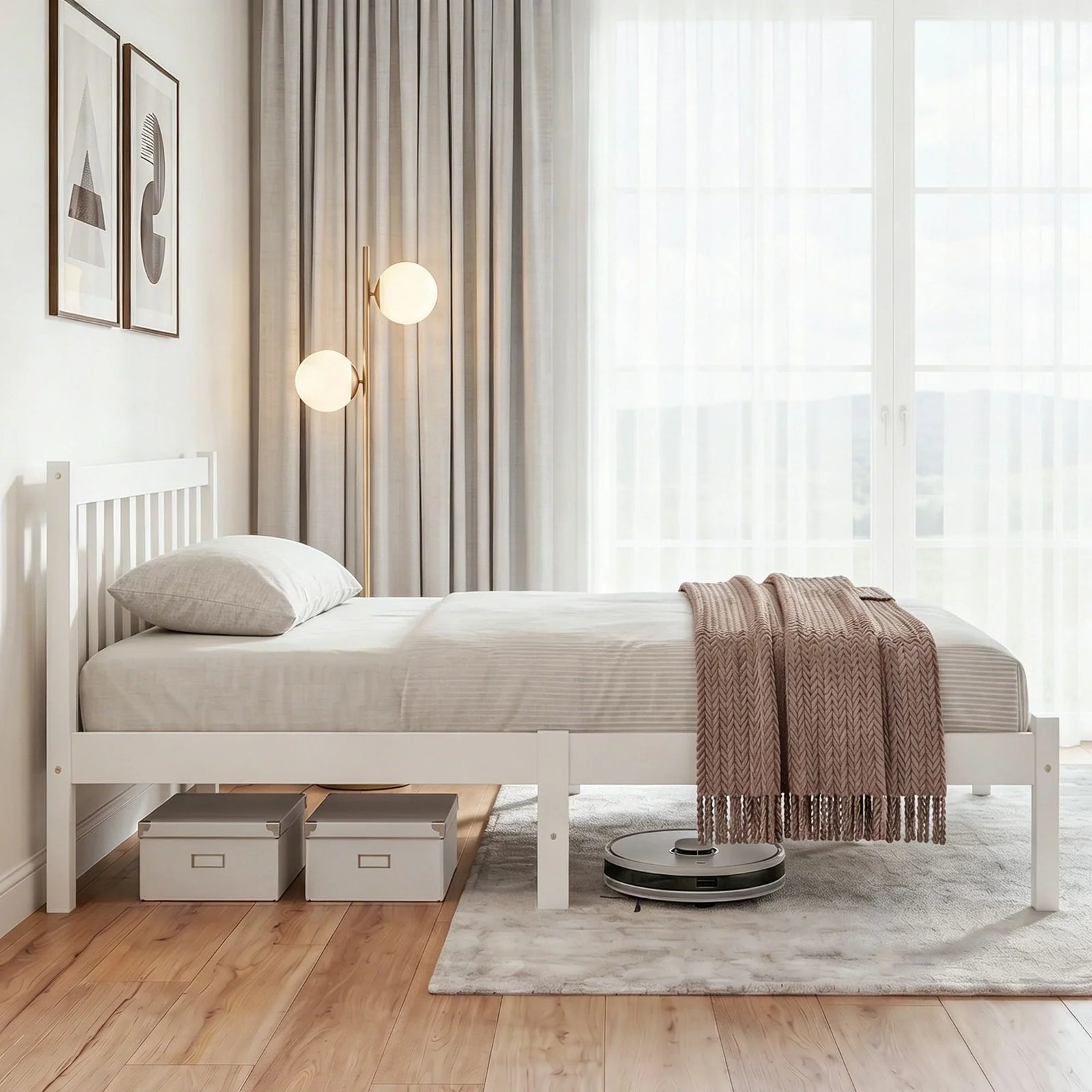 Artiss Queen Bed Frame White Solid Pine Wood Platform Bed with Headboard