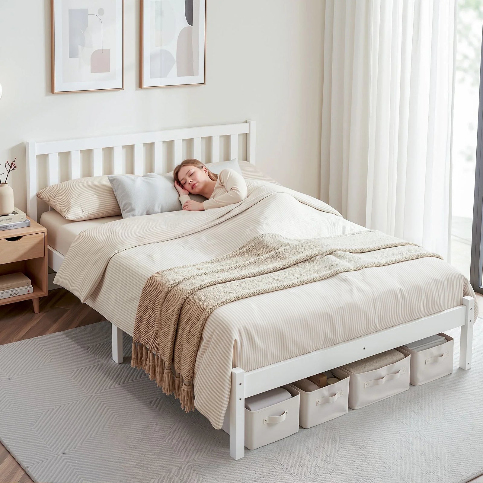 Artiss Queen Bed Frame White Solid Pine Wood Platform Bed with Headboard