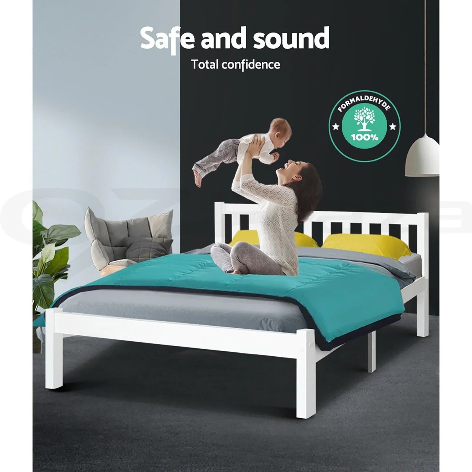 Artiss Queen Bed Frame White Solid Pine Wood Platform Bed with Headboard